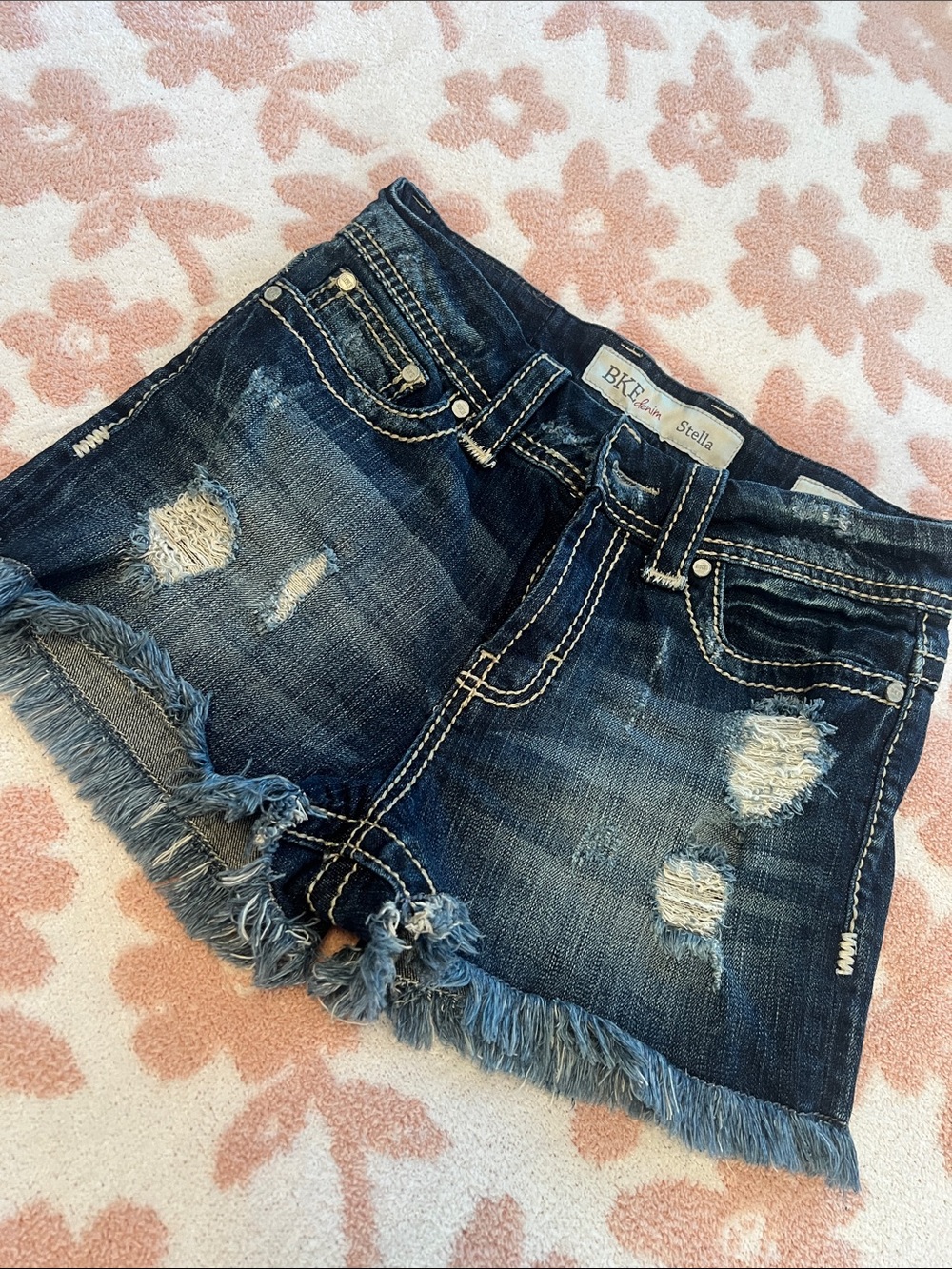 BKE Stella Women's Dark Blue Distressed Frayed Hem Denim Shorts